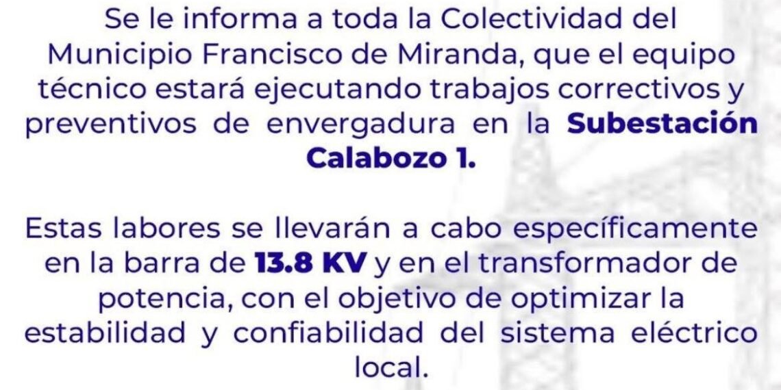 Aplican corte eléctrico masivo en el municipio Miranda de Guárico por mantenimiento en subestación