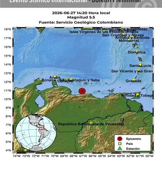Fuerte réplica de magnitud 5,5 sacudió el norte de Venezuela este #27Jun